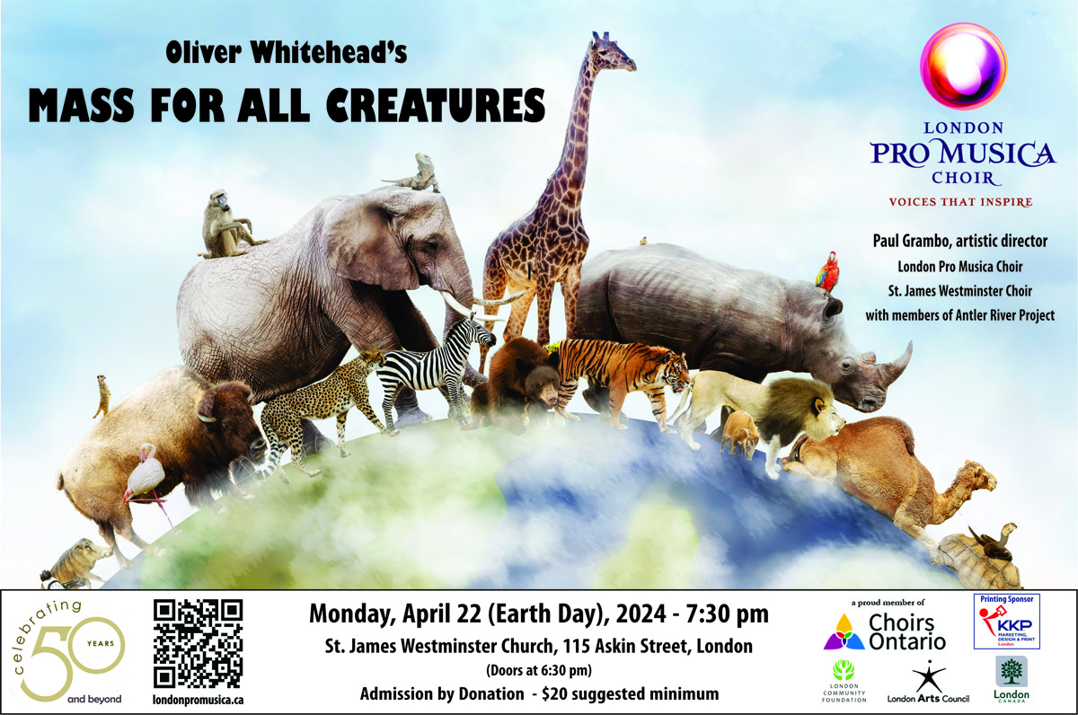 Mass for All Creatures poster, a variety of animals from all over the world from elephants to camels and prairie dogs walk together around the earth. light blue "sky" background. Black Bold text in top left hand corner reads : Oliver Whitehead's Mass for all creatures"